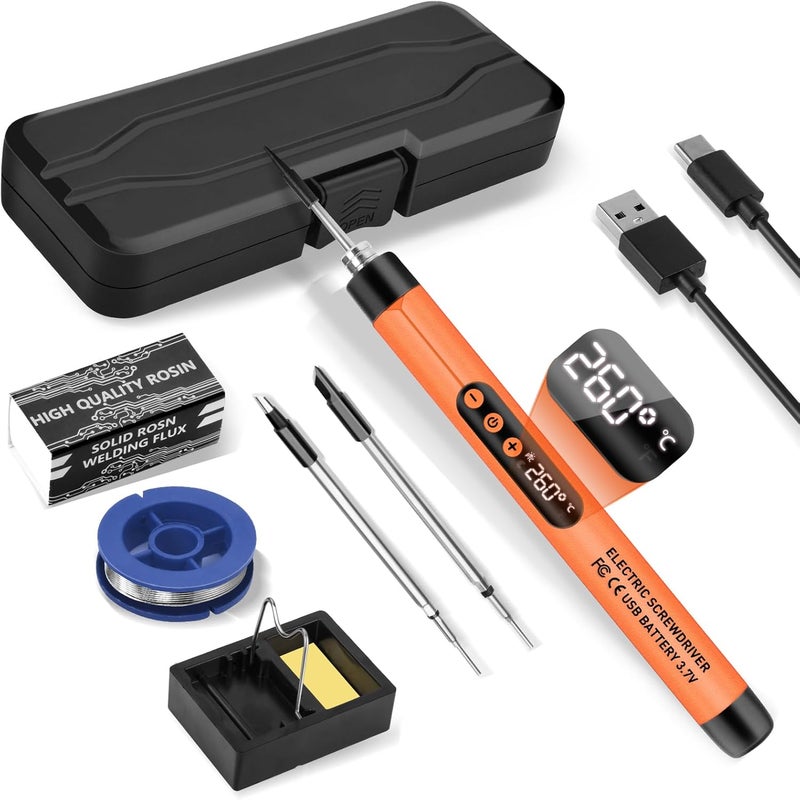 Qyvorae Mini Cordless Soldering Iron Kit, USB Rechargeable Portable Cordless Soldering Iron, LCD Digital Adjustable Temperature Thermostatic Soldering Gun for Home Appliance Repair, DIY-Orange - Image 1